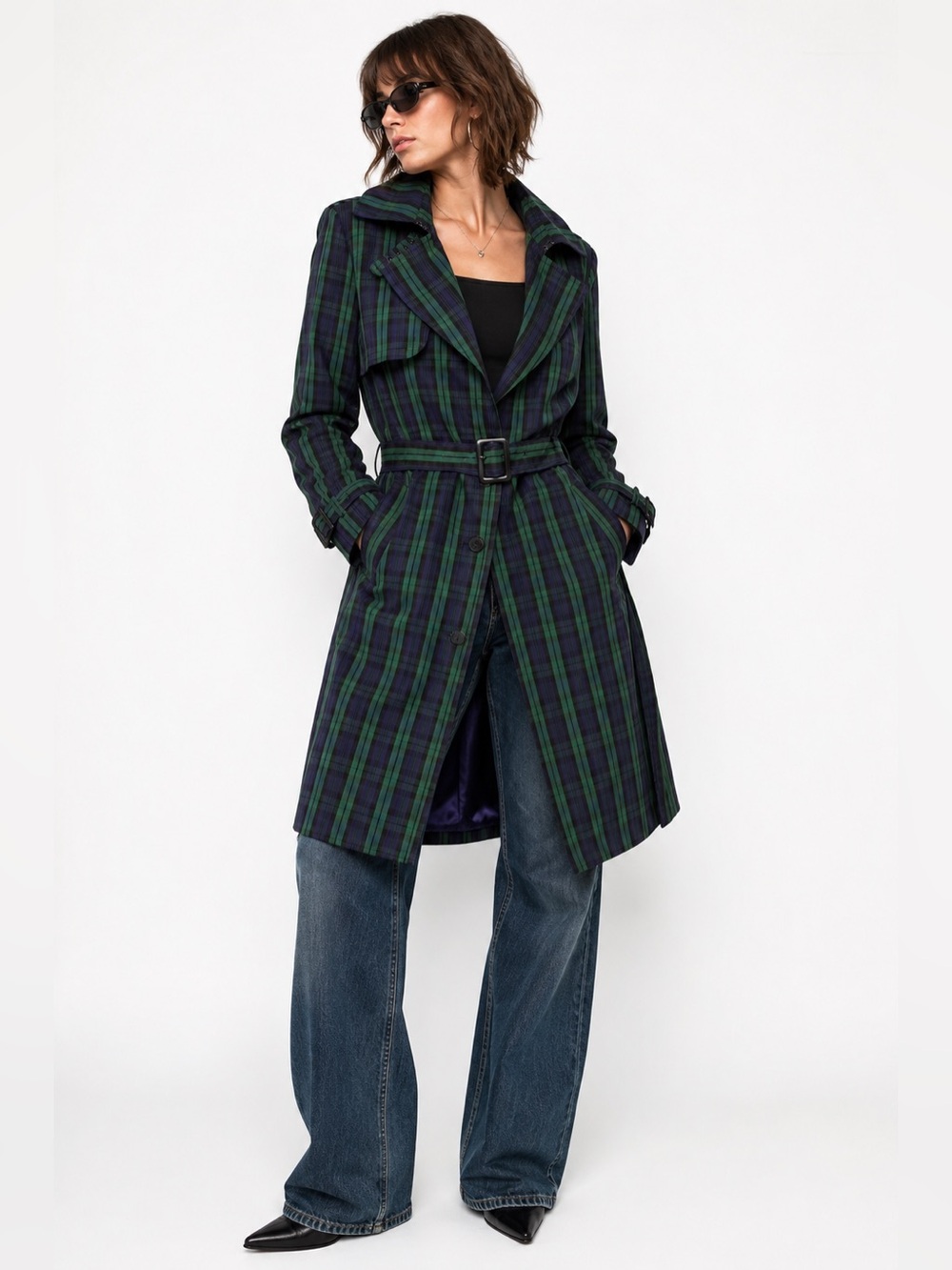 Vintage Jeffrey Banks Plaid Trench Coat Longline Belted Green Purple Size M